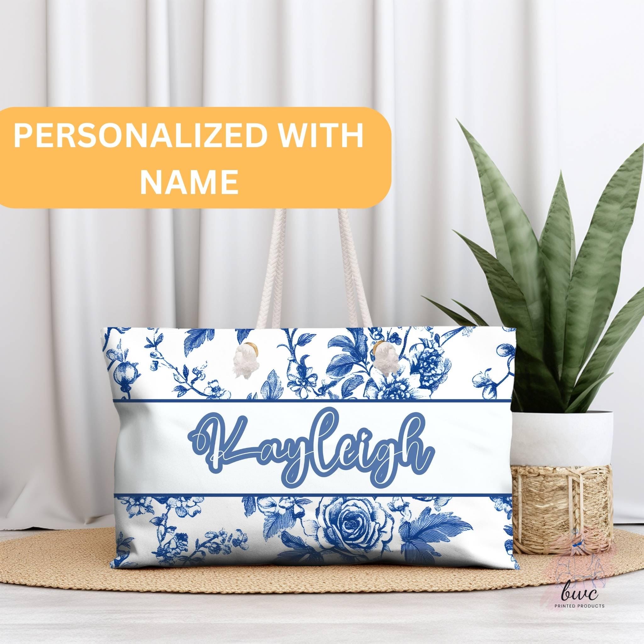Weekender Bag - Blue and White Floral Toile De Jouy Pattern, Personalize With Name, Travel Tote, Overnight Carrier, Carry-On Luggage,