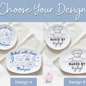 May include: White plastic plates with baking-themed designs. Design A features blue illustrations and text, including "Baked with Love" and personalized name. Design B showcases black text and illustrations,