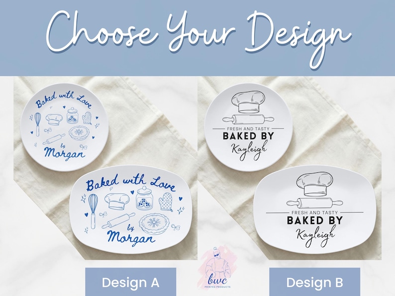 May include: White plastic plates with baking-themed designs. Design A features blue illustrations and text, including "Baked with Love" and personalized name. Design B showcases black text and illustrations,