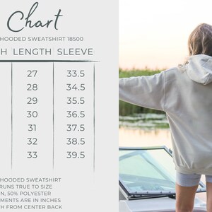 May include: Size chart for a Gildan heavy blend hooded sweatshirt. The chart shows the width, length, and sleeve length in inches for sizes S through 4XL.