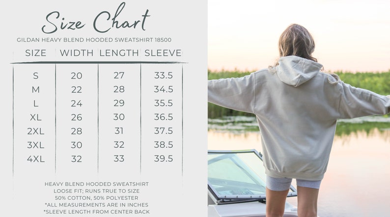May include: Size chart for a Gildan heavy blend hooded sweatshirt. The chart shows the width, length, and sleeve length in inches for sizes S through 4XL.
