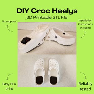 Puede incluir: Archivo STL imprimible en 3D para Crocs Heelys DIY. El archivo incluye instrucciones de instalación. La imagen muestra un par de Crocs blancas con ruedas adjuntas, y un primer plano de las ruedas.