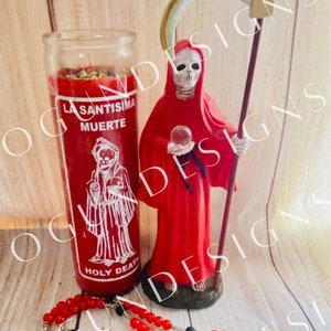 Holy Death Statue with Glass Candle, Protection Candles, Altar, Offering and More/ Santa Muerte Velas y Estatua