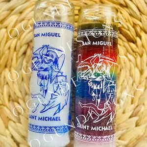 Saint Michael glass candle, protection candle, San Miguel vela, Religious candles