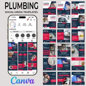 May include: A collection of digital social media templates for plumbing services, displayed on a smartphone screen and as individual square graphics. The designs feature a dark blue and red colour scheme with text promoting plumbing repairs.