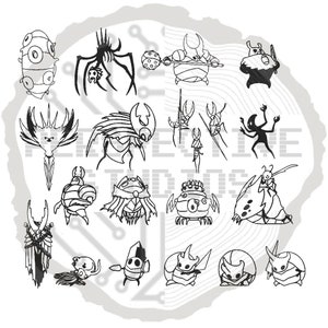 May include: A collection of black and white illustrations of various insect-like characters. Each character has a unique design, with some holding weapons or wearing armor. The illustrations are detailed and stylized, suitable for fans of fantasy art.