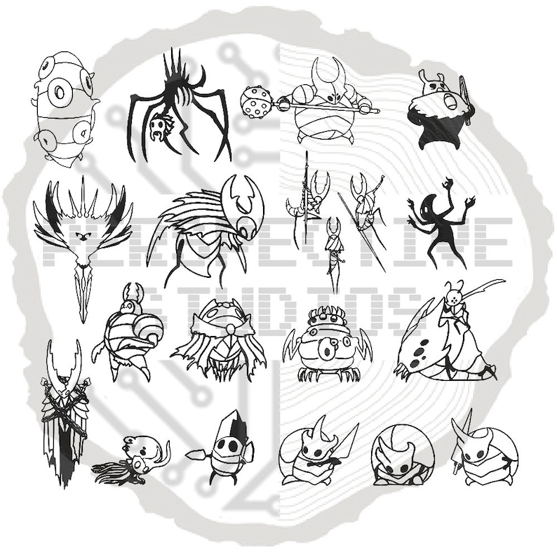 May include: A collection of black and white illustrations of various insect-like characters. Each character has a unique design, with some holding weapons or wearing armor. The illustrations are detailed and stylized, suitable for fans of fantasy art.