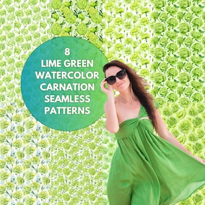 May include: Eight lime green watercolor carnation seamless patterns. The patterns are displayed on a white background. The text "8 Lime Green Watercolor Carnation Seamless Patterns" is displayed in a circle.
