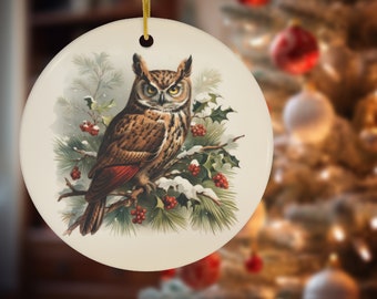 Great Horned Owl Christmas Ceramic Ornament Owl Christmas Ornament Gift for Bird Lover Vintage Ceramic Owl Ornament Gift for Owl Lover Retro