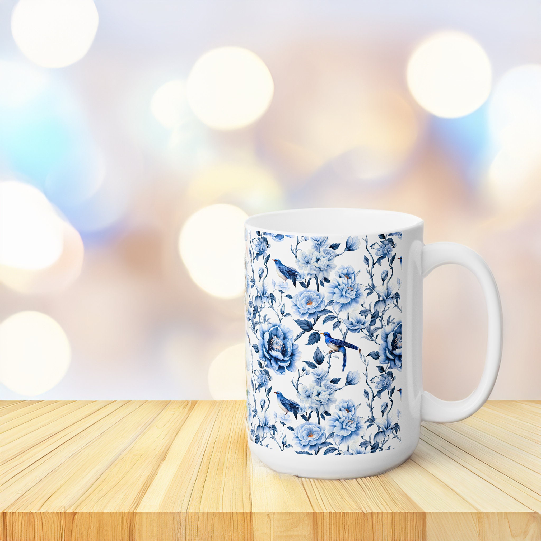 thumbnail image 2 of Yaparhill 14oz Bone China Coffee Mug - Blue Floral Design Teacup For Women 2 of 10