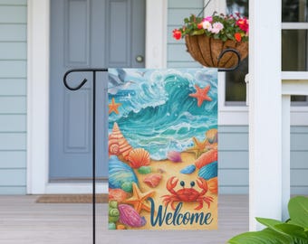 Coastal Garden Flag Crab and Seashells Beach House Decor
