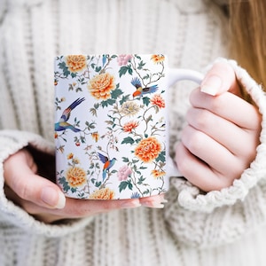 Tang Dynasty Style Coffee Mug Chinese Art Print Mug Bird and Flower Mug Gift For History Lover Orange Blue Tea Cup Floral Chinoiserie Decor