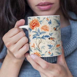 Blue Orange Coffee Mug Tang Dynasty Style Birds and Flowers Mug Floral Tea Cup Chinoiserie Mug Vintage Pretty Coffee Mug Gift For Her Gift