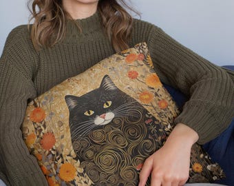 Funda de almohada con diseño de gato de jardín caprichoso, cojín con acento bohemio colorido