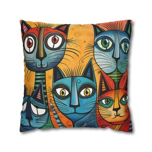Funda de almohada divertida para gatos, funda de cojín de regalo para amantes de los gatos con arte caprichoso para madre y gato, funda de almohada colorida con gatos lindos, funda de almohada con acento alegre