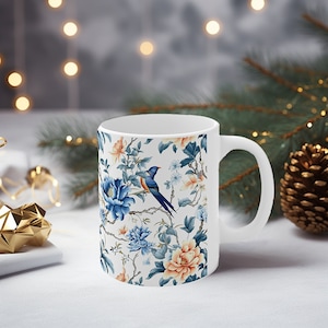 Ming Dynasty Style Mug Chinese Style Bird and Flower Mug Gift For History Lover Chinese Culture Gift Orange Blue Coffee Mug Floral Mug