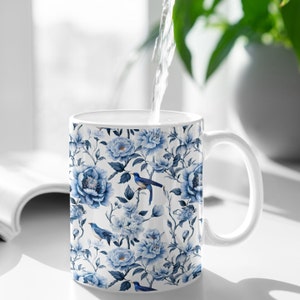 Blue Floral Coffee Mug Ming Dynasty Style Birds and Flowers Mug Floral Tea Cup Chinoiserie Mug Vintage Pretty Coffee Mug Gift For Her Gift