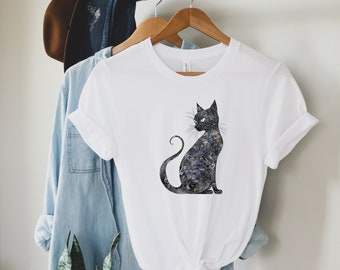 Maglietta con gatto nero, regalo artistico per gli amanti dei gatti