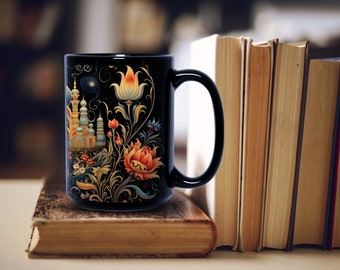 Castle in the water and colored flowers mug Futuristic Fantasy Coffee Mug Cosmic landscape mug Eastern Orthodox Style Painting Mug