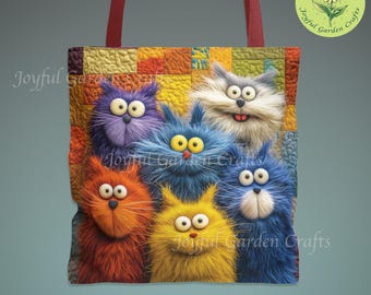 Colorful Funny Cat Tote Bag Cute Cats Art Bag Cat Lover Gift Quilted Look Whimsical Animal Tote