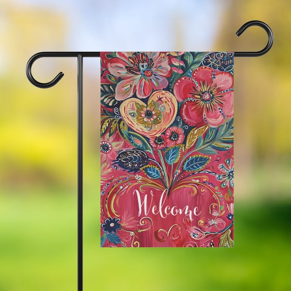 Floral Welcome Garden Flag Summer House Flag Spring Decor Colorful Yard Flag Pink and Blue Floral Entrance Decor Outdoor Yard Art Whimsical