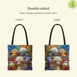 Puede incluir: Bolso tote de doble cara con un dise&ntilde;o de ovejas de dibujos animados. Las ovejas son de varios colores, incluyendo naranja, morado y blanco, sobre un fondo azul y amarillo. El bolso tiene asas negras. El texto 'Double-sided' es visible.