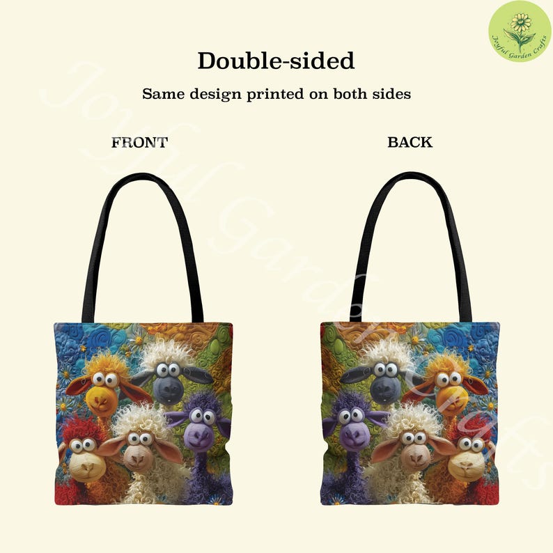 Puede incluir: Bolso tote de doble cara con un dise&ntilde;o de ovejas de dibujos animados. Las ovejas son de varios colores, incluyendo naranja, morado y blanco, sobre un fondo azul y amarillo. El bolso tiene asas negras. El texto 'Double-sided' es visible.