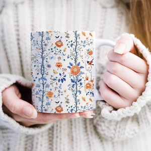 Tang Dynasty Style Mug Chinese Bird and Flower Mug Gift For History Lover Orange Blue Tea Cup Floral Coffee Mug For Birthday Gift Pretty Mug