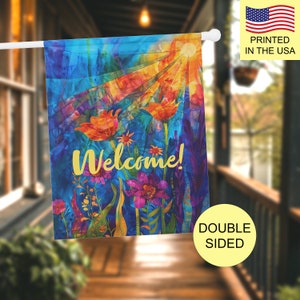 Welcome Garden Flag Stained Glass Yard Flag For Summer House Flag Colorful Entrance Decor Large House Banner Outdoor Garden Flag Art Decor