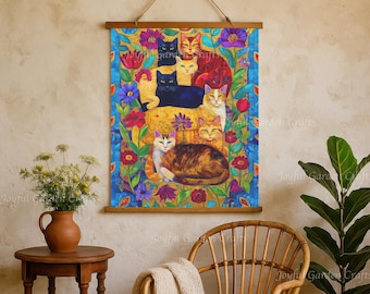 Floral Cat Wall Tapestry Cozy Cottagecore Decor for Cat Lovers