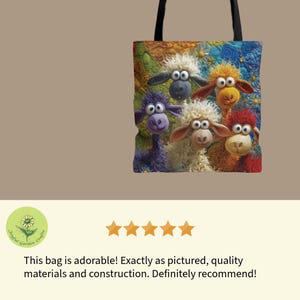 Puede incluir: Un bolso tote con un dise&ntilde;o colorido de seis ovejas de dibujos animados con lana esponjosa en varios colores. El bolso tiene un asa negra y un fondo vibrante y estampado. El texto "Joyful Garden Crafts" es visible.