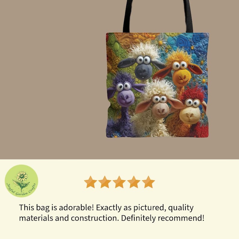 Puede incluir: Un bolso tote con un dise&ntilde;o colorido de seis ovejas de dibujos animados con lana esponjosa en varios colores. El bolso tiene un asa negra y un fondo vibrante y estampado. El texto "Joyful Garden Crafts" es visible.