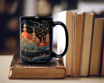 Castle in the water and colored flowers mug Futuristic Fantasy Coffee Mug Cosmic landscape mug Eastern Orthodox Style Painting Mug