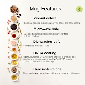 May include: A white background with the text "Mug Features" and details about the mug's features, including vibrant colours, microwave and dishwasher safety, ORCA coating, and care instructions. The image also includes small bowls with ingredients.