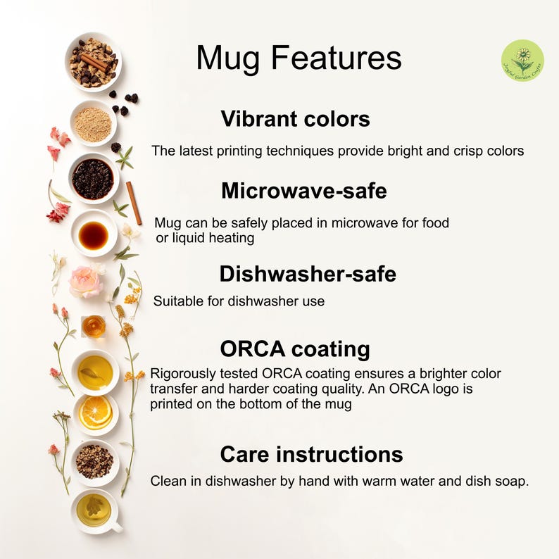 May include: A white background with the text "Mug Features" and details about the mug's features, including vibrant colours, microwave and dishwasher safety, ORCA coating, and care instructions. The image also includes small bowls with ingredients.