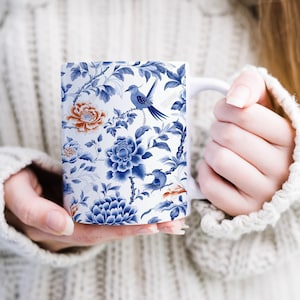 Ming Dynasty Style Mug Chinese Bird and Flower Tea Cup Gift For History Lover Pretty Mug Orange Blue Coffee Mug For Girlfriend Gift Floral