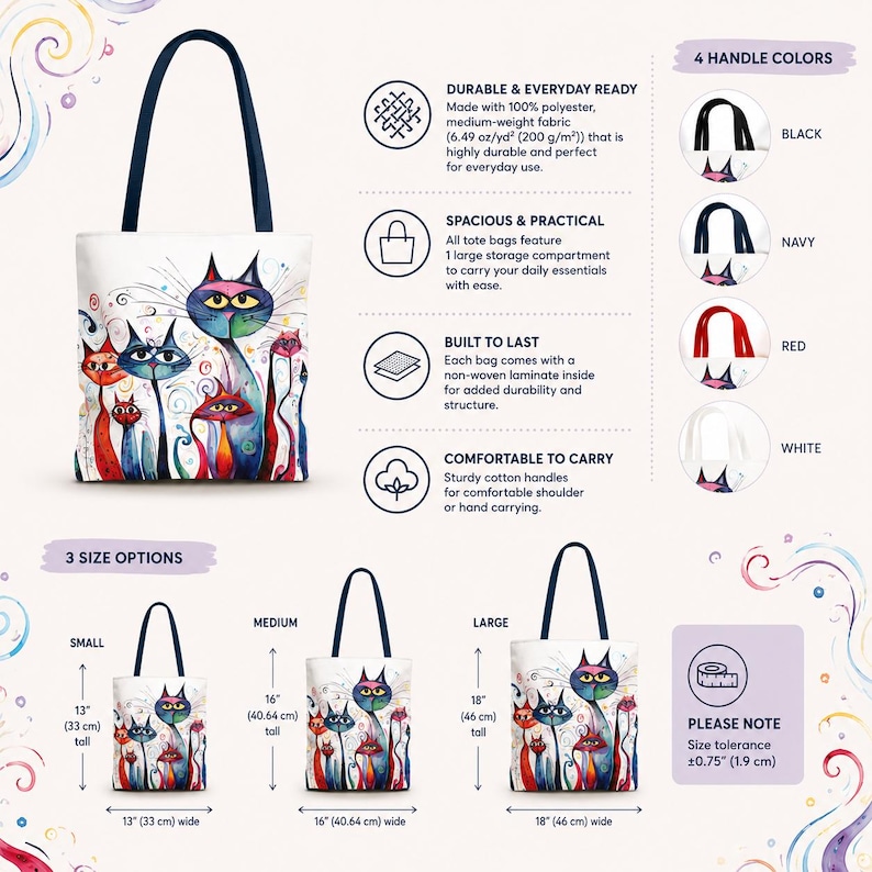 Funny Cat Tote Bag Colorful Boho Cat Lover Gift, Whimsical Folk Art Market Bag, Cute Artistic Cat Print Tote image 12