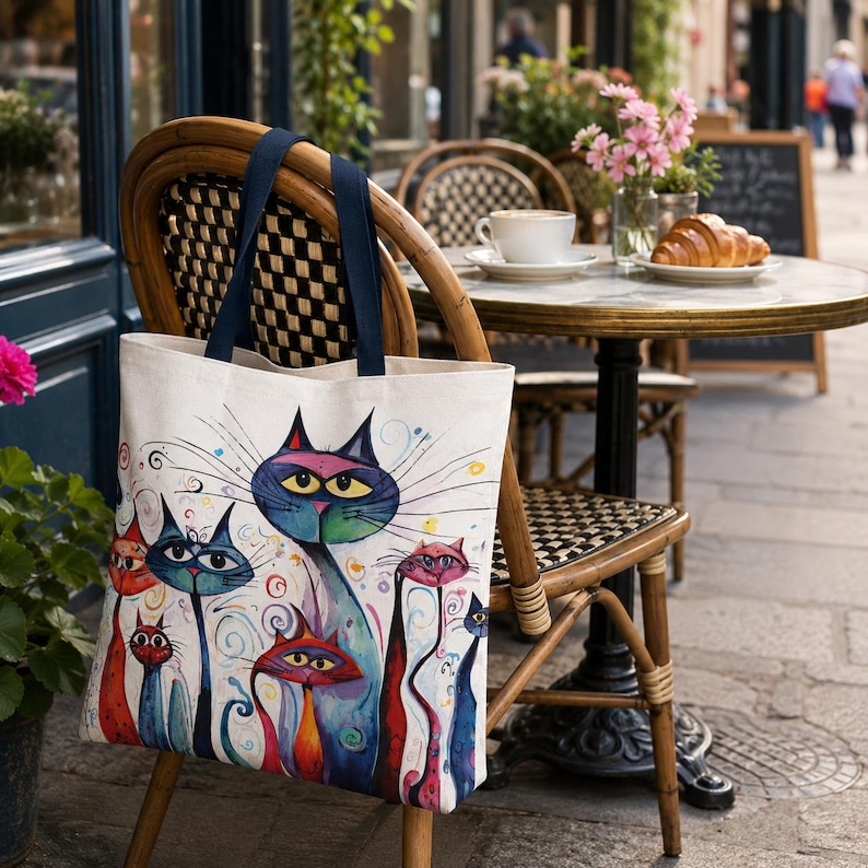 Boho cat print tote bag with navy handles hanging from a café chair beside a coffee table and flowers