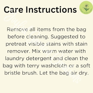 Puede incluir: Imagen color crema con el texto "Care Instructions" en la parte superior. El texto a continuaci&oacute;n detalla c&oacute;mo limpiar un art&iacute;culo, incluyendo la eliminaci&oacute;n de art&iacute;culos, el pretratamiento de manchas y el secado al aire. Un peque&ntilde;o logotipo circular est&aacute; en la esquina superior derecha.