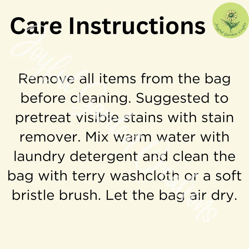 Puede incluir: Imagen color crema con el texto "Care Instructions" en la parte superior. El texto a continuaci&oacute;n detalla c&oacute;mo limpiar un art&iacute;culo, incluyendo la eliminaci&oacute;n de art&iacute;culos, el pretratamiento de manchas y el secado al aire. Un peque&ntilde;o logotipo circular est&aacute; en la esquina superior derecha.