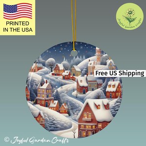 White Christmas Ceramic Ornament Christmas Snow Village Ornament Retro Style Ceramic Ornament Round Xmas Ornament Vintage Christmas Decor