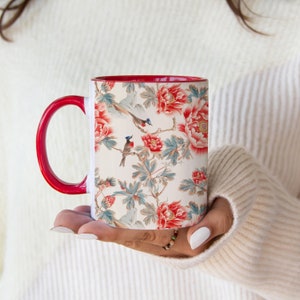 Ming Dynasty Style Coffee Mug Ancient Chinese Pattern Mug Chrysanthemum Coffee Mug Red and Blue Tea Cup Nature Lover Tea Cup Bird And Flower