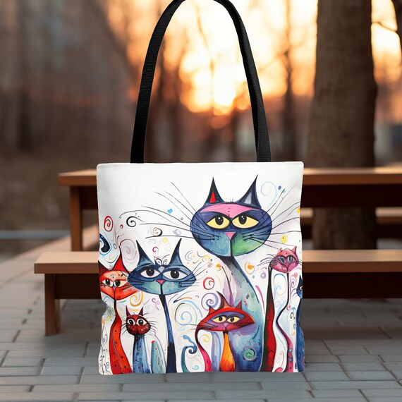 Funny Cat Art Print Tote Bag Boho Canvas Summer Bag