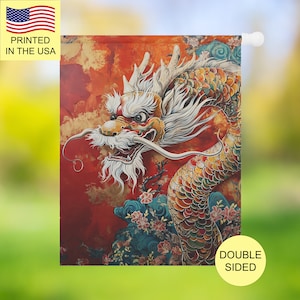 May include: A colorful, double-sided garden flag featuring a detailed illustration of a dragon with a red, yellow, and blue background. The dragon is depicted with a white beard and a fierce expression.