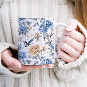 Ming Dynasty Style Mug Chinese Style Bird and Flower Mug Gift For History Lover Chinese Culture Gift Orange Blue Coffee Mug Floral Mug