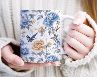 Ming Dynasty Style Mug Bird and Floral Ceramic Coffee Mug
