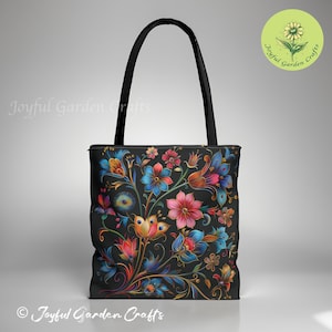 カラフルなロシアの民芸品の花柄トートバッグ。精巧で風変わりなデザイン。女性への完璧な芸術的なギフト。親友の女性へのユニークなキャンバスバッグ。