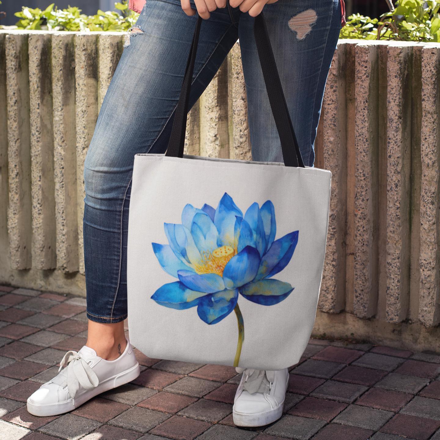 水彩ブルーロータストートバッグ ボヘミアンフローラルアクセサリー