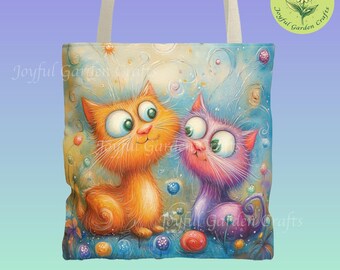 Whimsical Cats Canvas Tote Bag Colorful Kitten Art