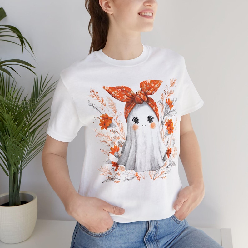Spooky Cute Ghost T-Shirt Halloween Tee with Floral Print Perfect Fall Outfit for Women Fall Floral Graphic Tee for Teens Casual Autumn Wear image 4